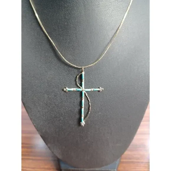 Vintage 925 Turquoise Cross & Chain Native American Southwestern Beauty Necklace - Picture 3 of 16